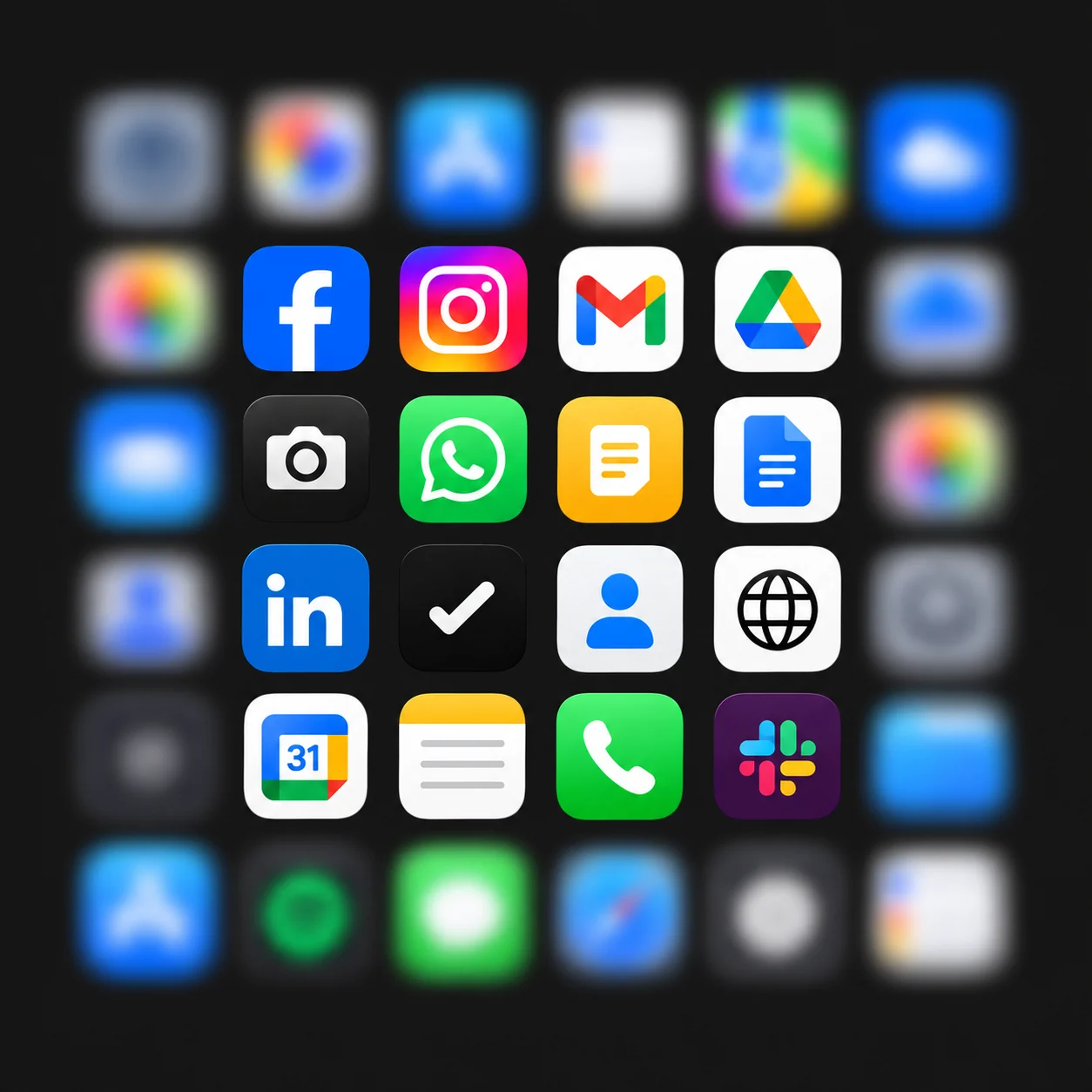 A field of app icons, crisp in the centre and softly blurred around the edges: Gmail, Facebook, Instagram, LinkedIn, Calendar, Drive, Phone and WhatsApp
