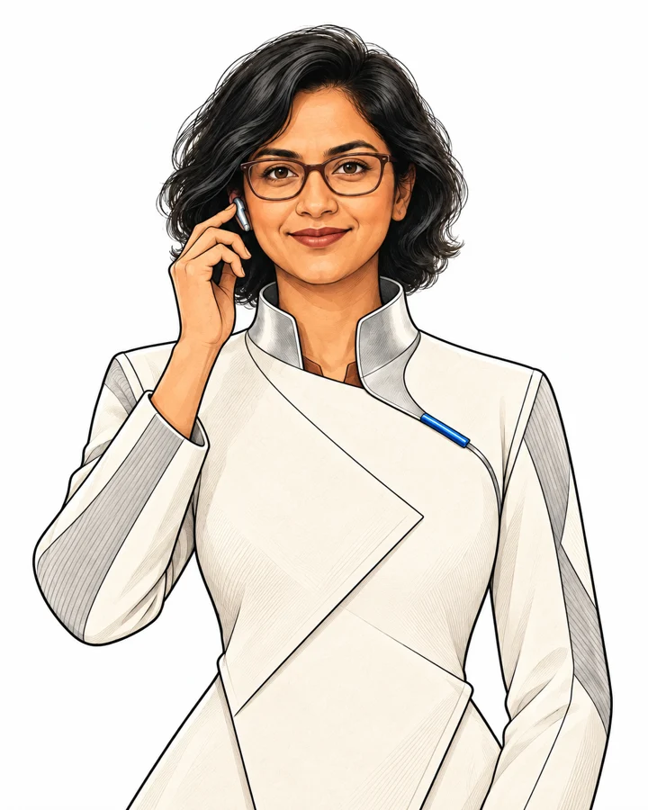 Mira, Smart Call, in a future ivory jacket with her familiar glasses and an ear communicator